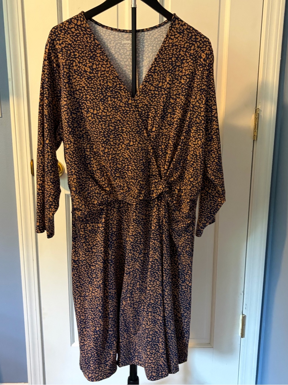 Lands' End Brown and Beige Long-Sleeve Wrap Dress